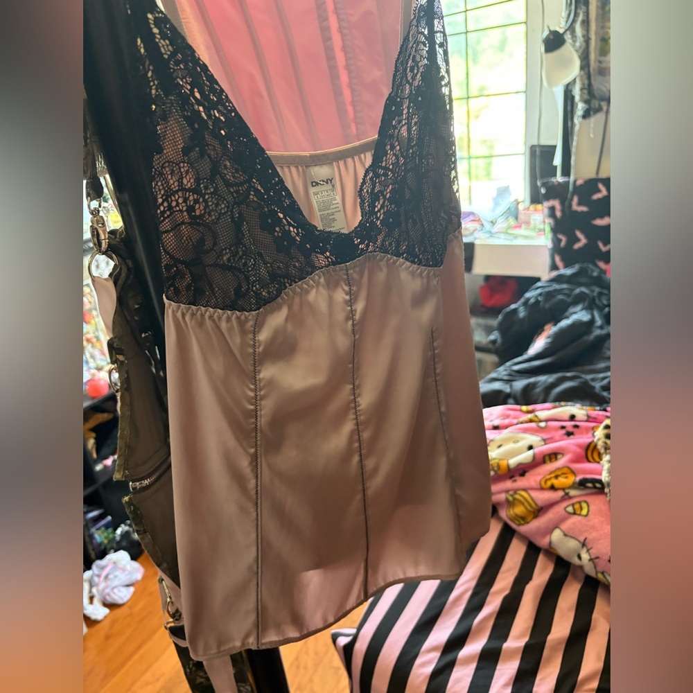 DKNY Black and mauve Pink Lace satin Chemise slip cami